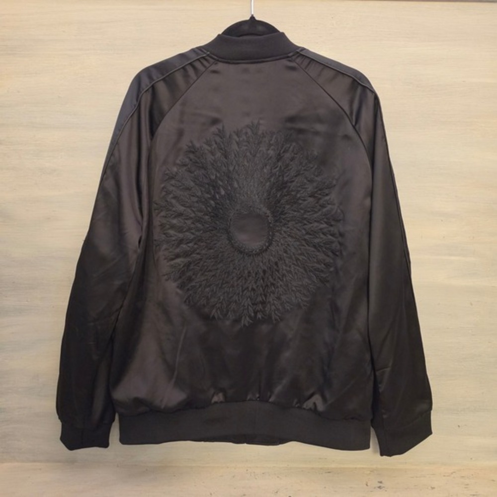 H&M Black Satiny Unisex Embroidered Floral Sunburst Bomber Jacket Large GC
